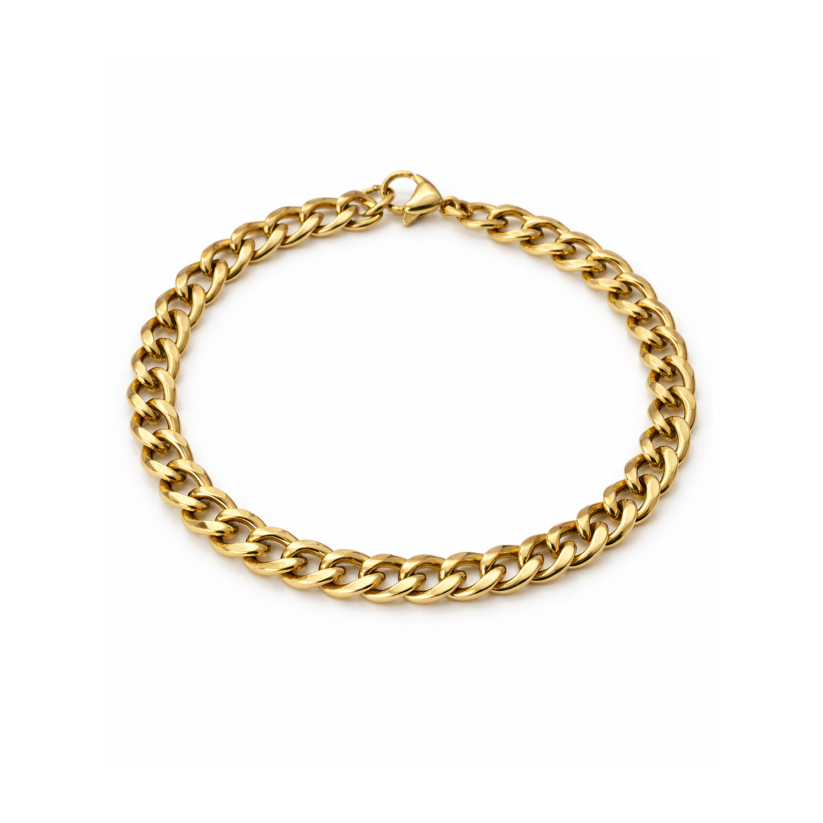 Gold tone chain bracelet on a white background