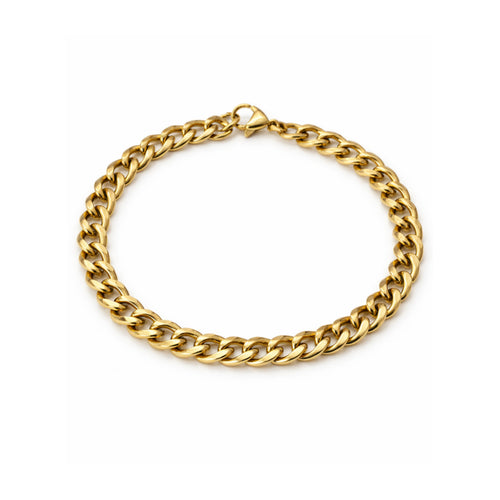 Gold tone chain bracelet on a white background