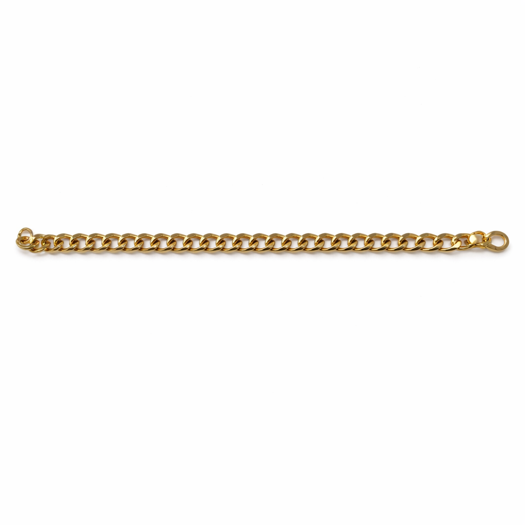Full gold tone chain bracelet on a white background