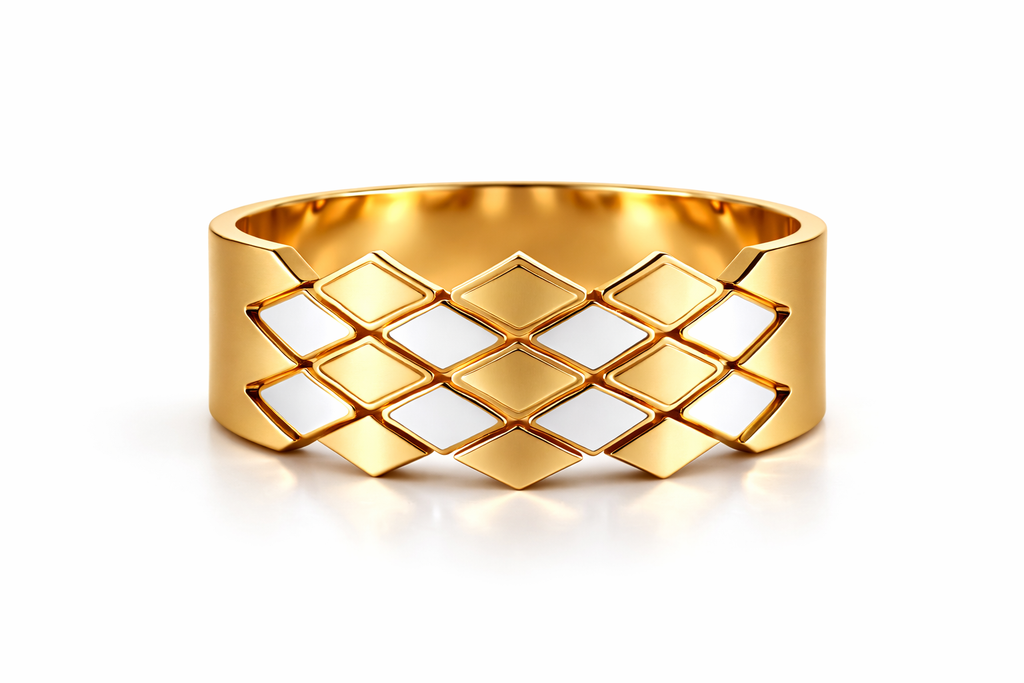 Gold bracelet with a diamond pattern on a white background