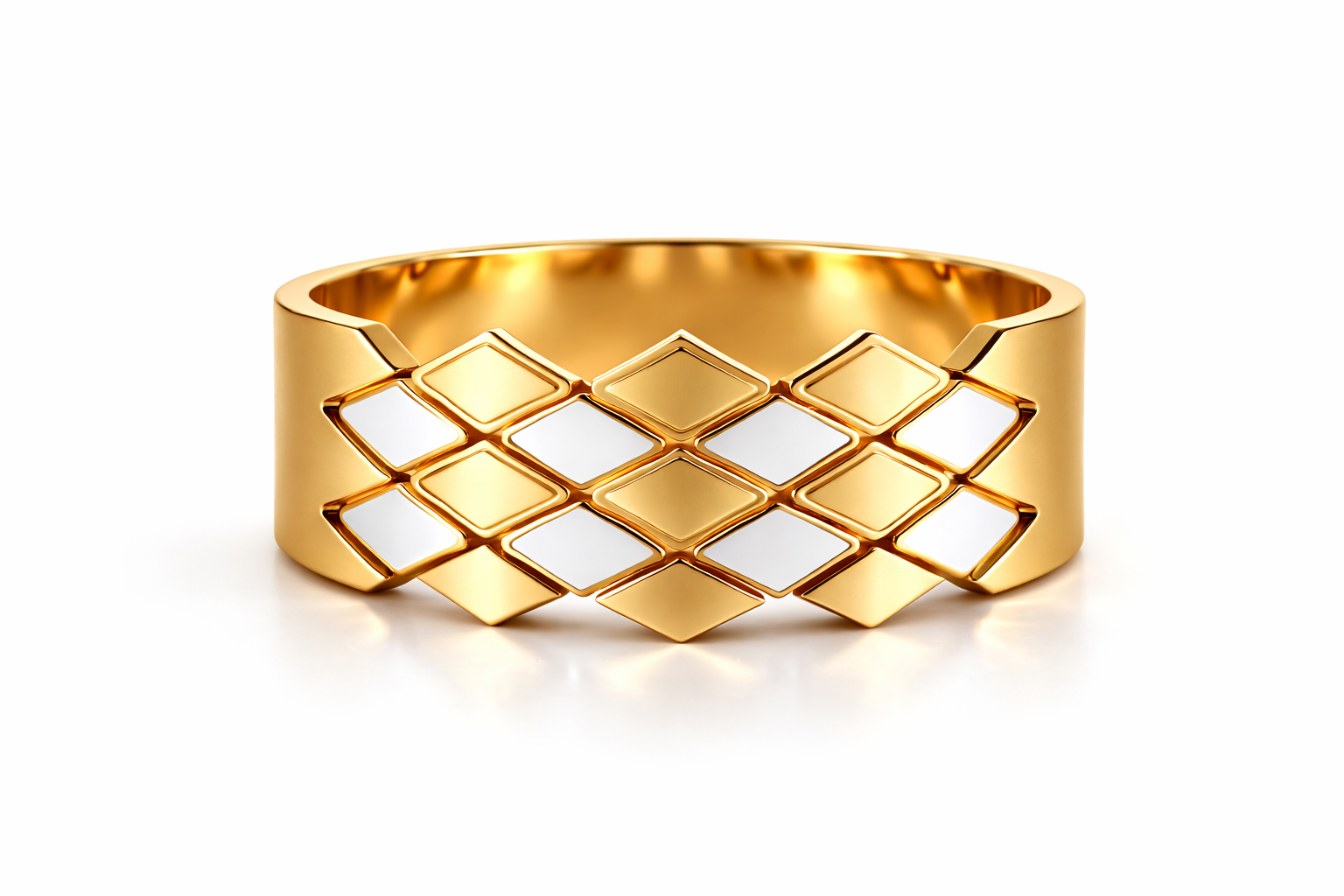 Gold bracelet with a diamond pattern on a white background