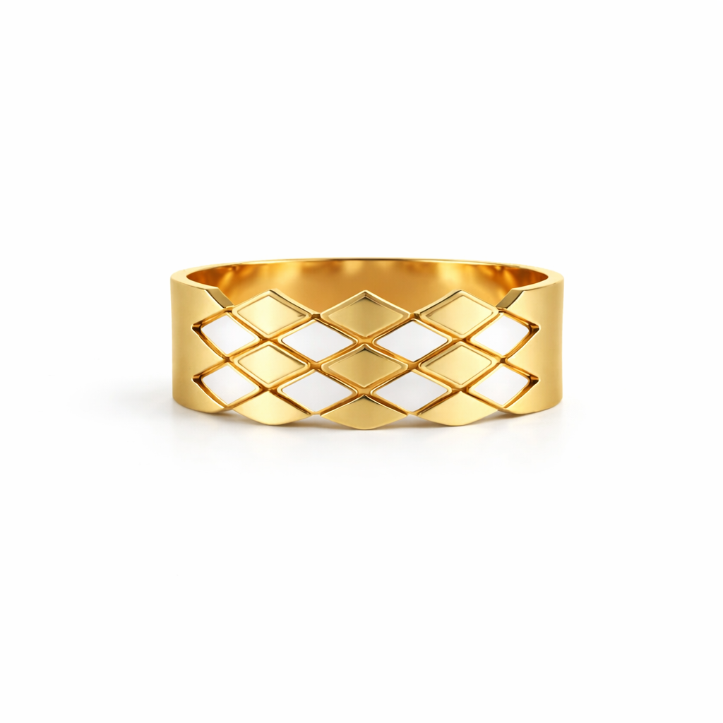 Gold bracelet with a lattice pattern on a white background