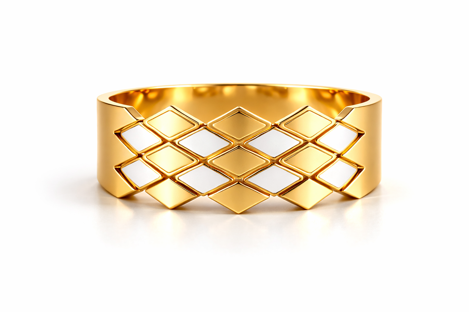 Gold bracelet with a diamond pattern on a white background