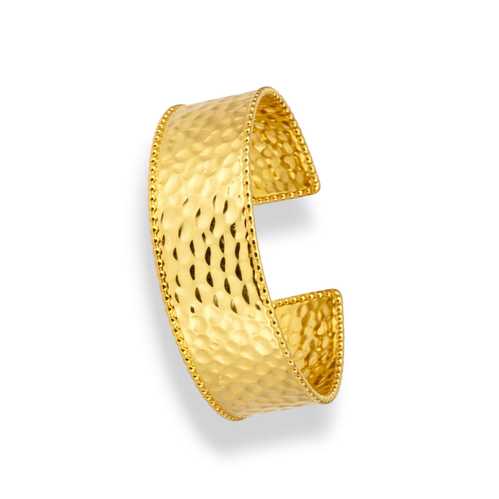 Identity gold cuff bangle for women with textured metal surface