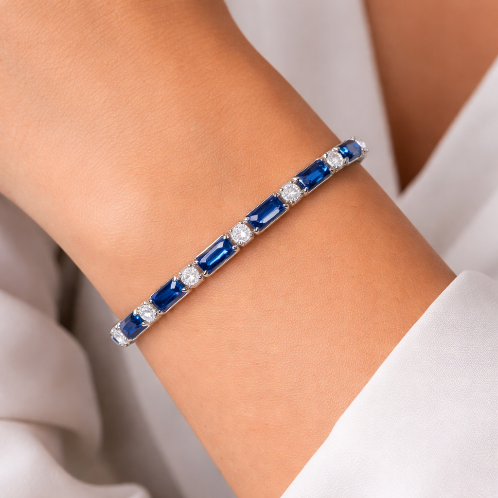 Silver blue stone bracelet for women on wrist