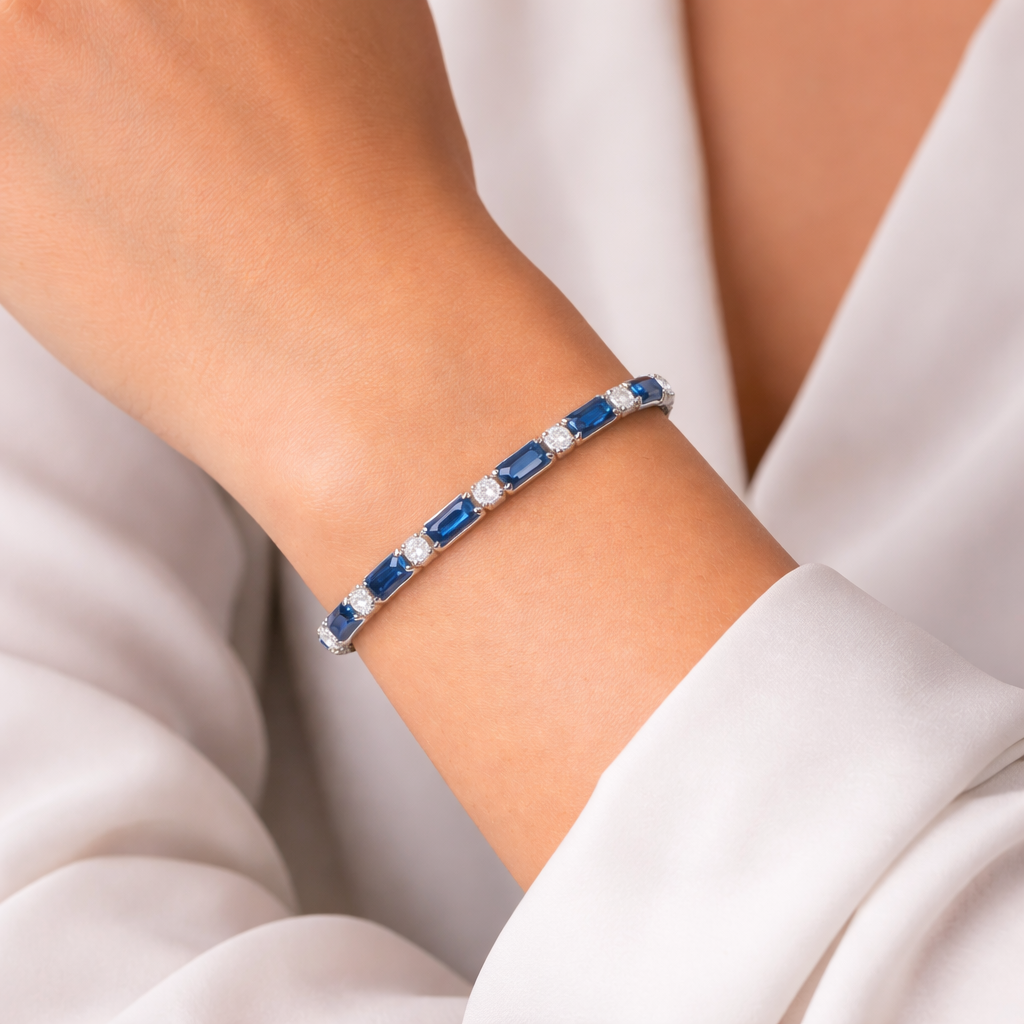 Silver blue stone bracelet for women on wrist