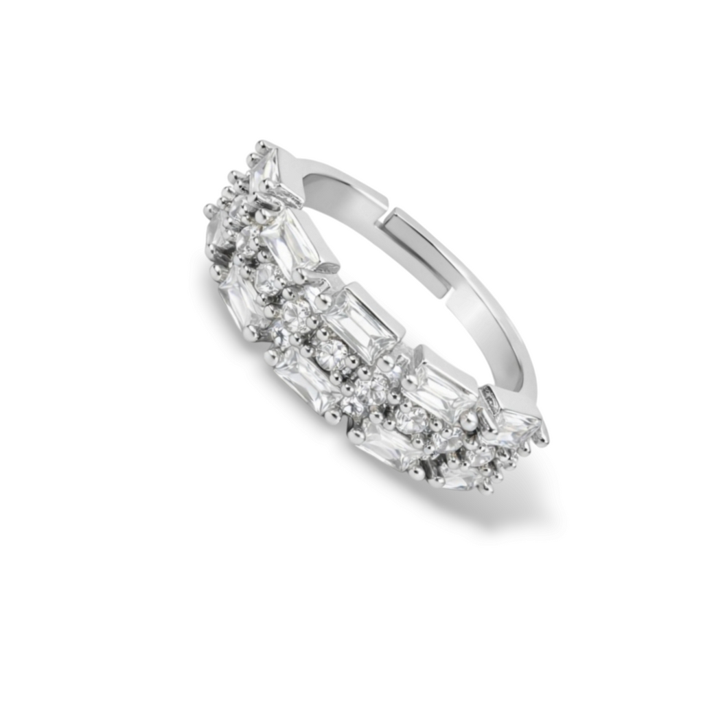 Angled view of ring design for women with silver-tone adjustable band and clustered stones