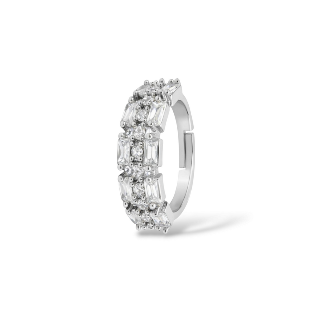 Side view of artificial rings with open adjustable band and raised stone setting