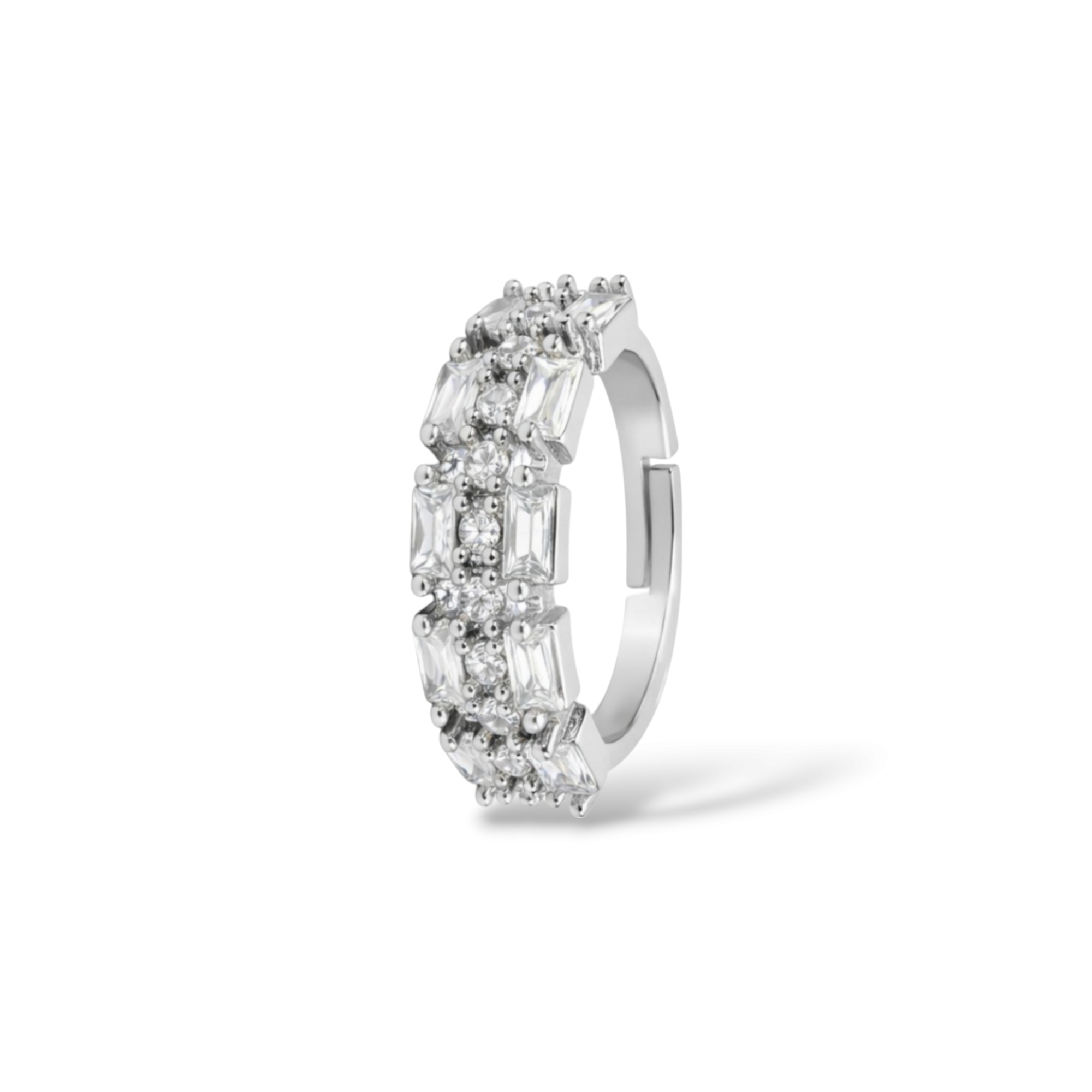 Side view of artificial rings with open adjustable band and raised stone setting