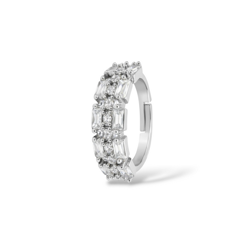 Side view of artificial rings with open adjustable band and raised stone setting