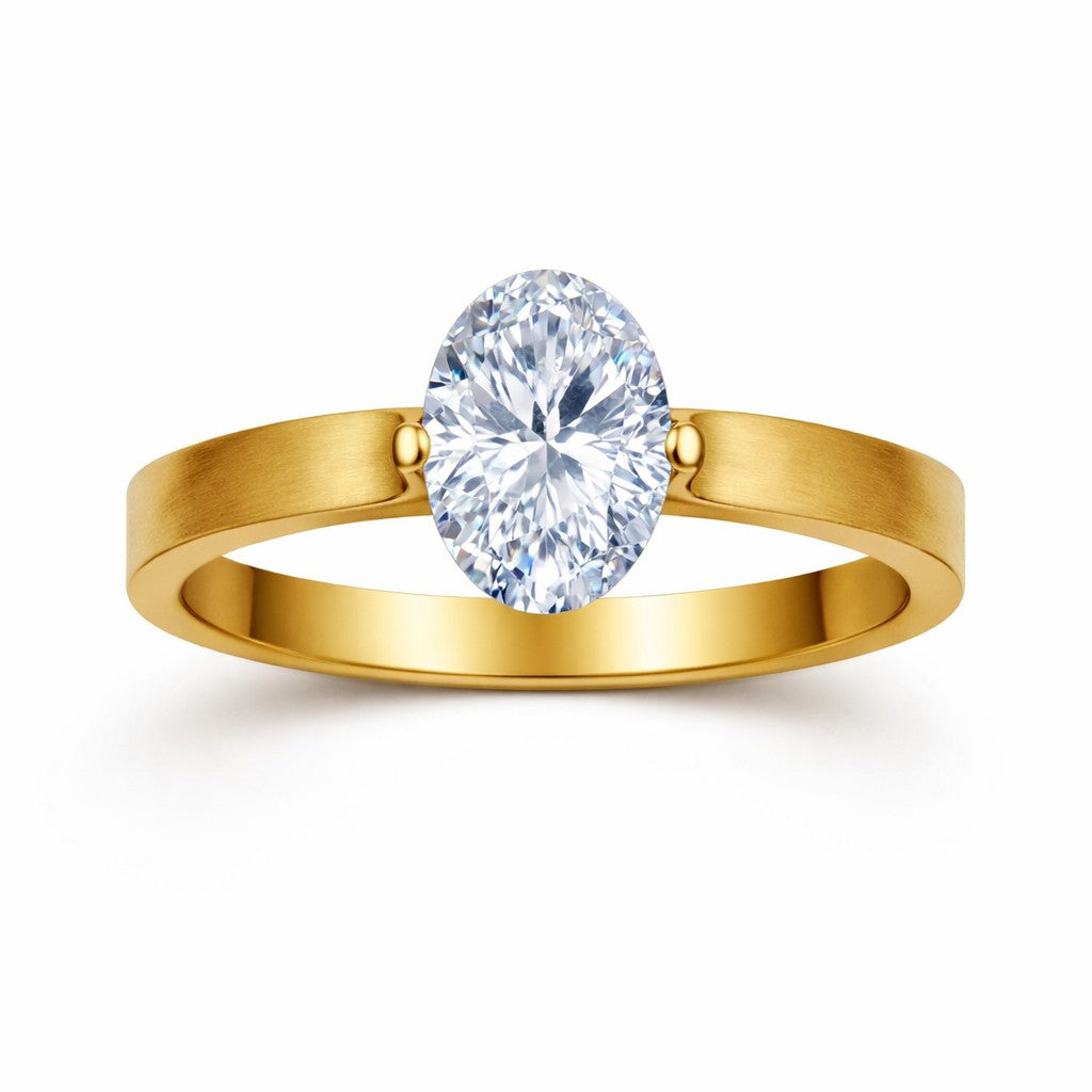 Gold-tone ring with a large diamond on a white background