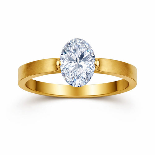 Gold-tone ring with a large diamond on a white background