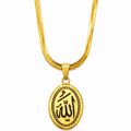 Close-up of Islamic pendant with Allah calligraphy in gold tone