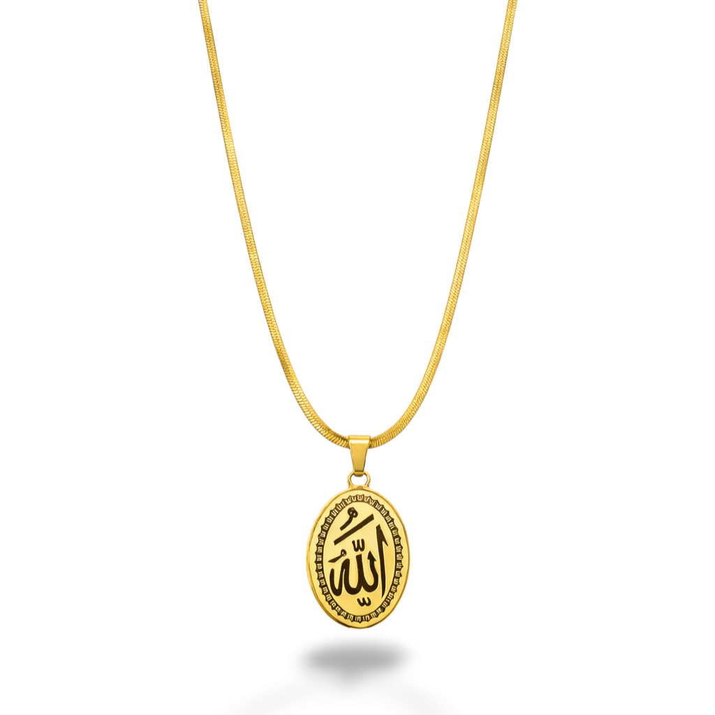 Front view of Allah pendant on a gold-tone chain