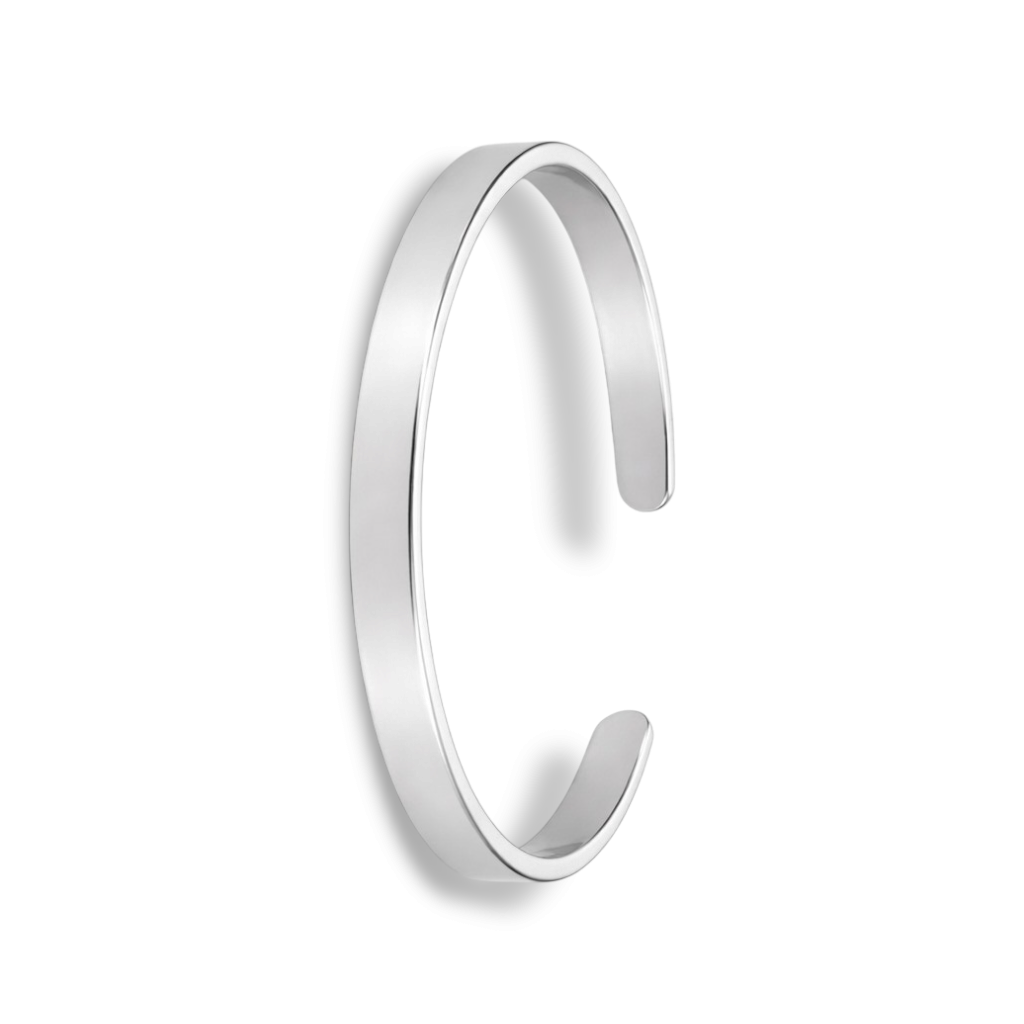 Angled view of silver bangles with clean polished finish