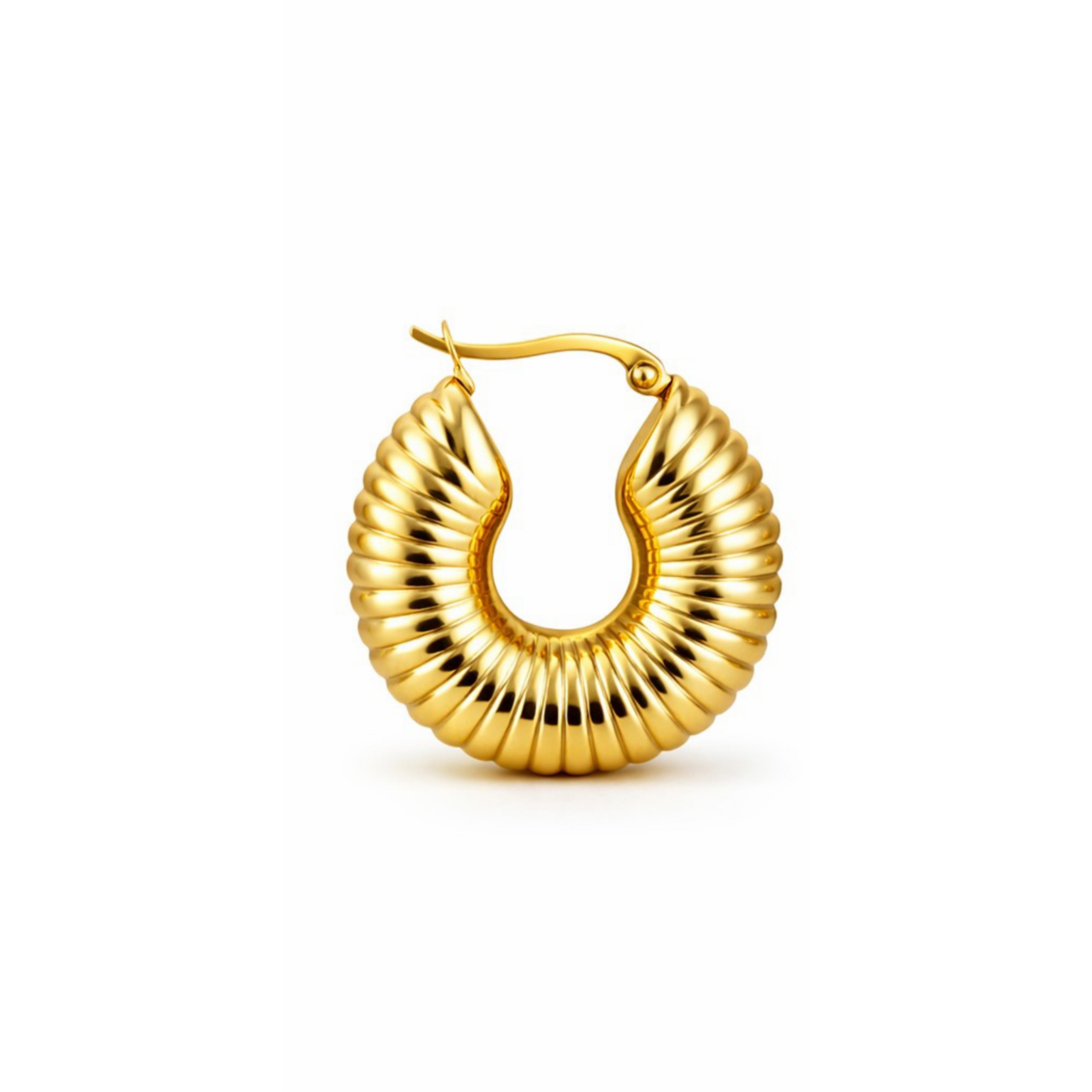 Front view of textured hoop earrings in chunky gold-tone hoop style