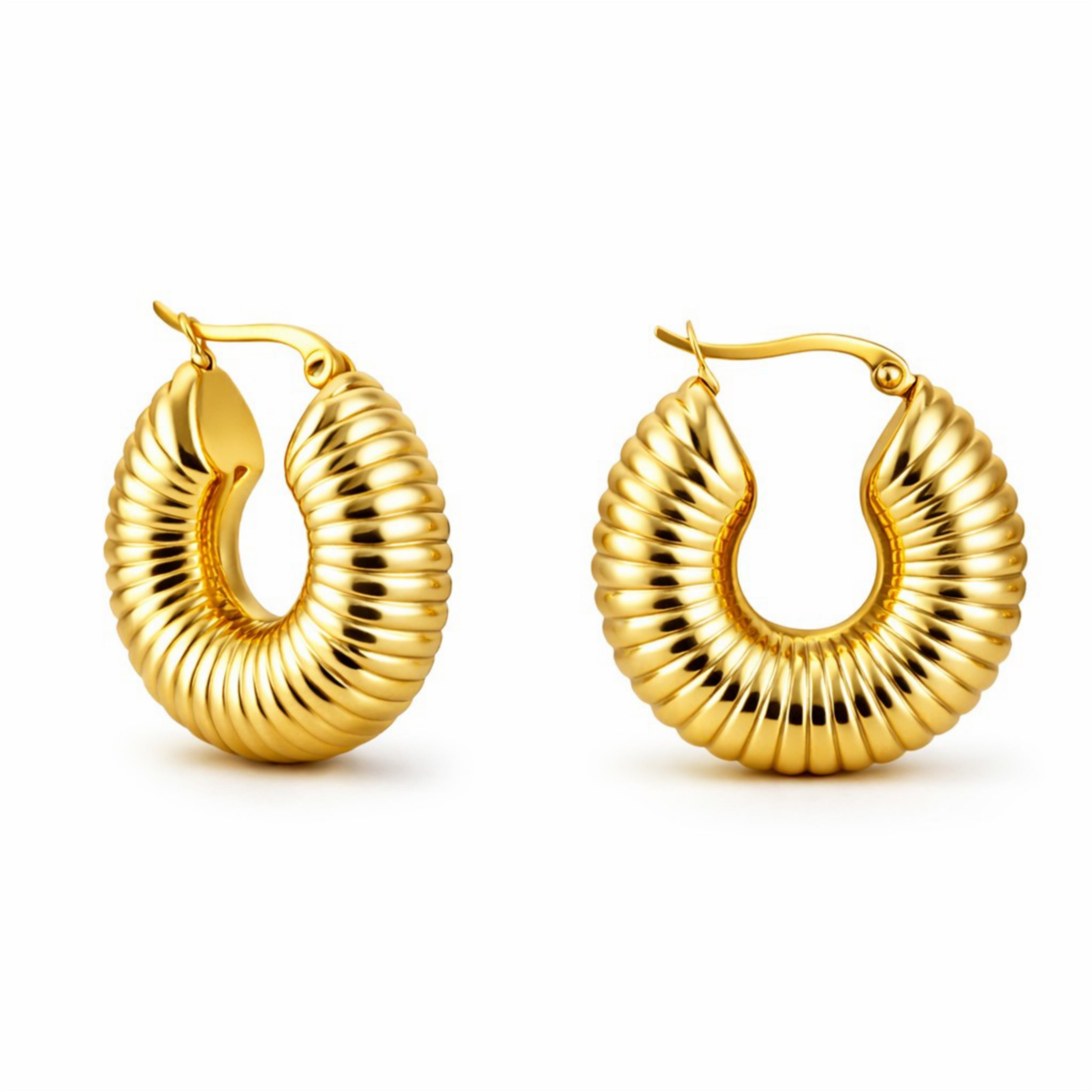 Pair of gold hoop earrings on a white background