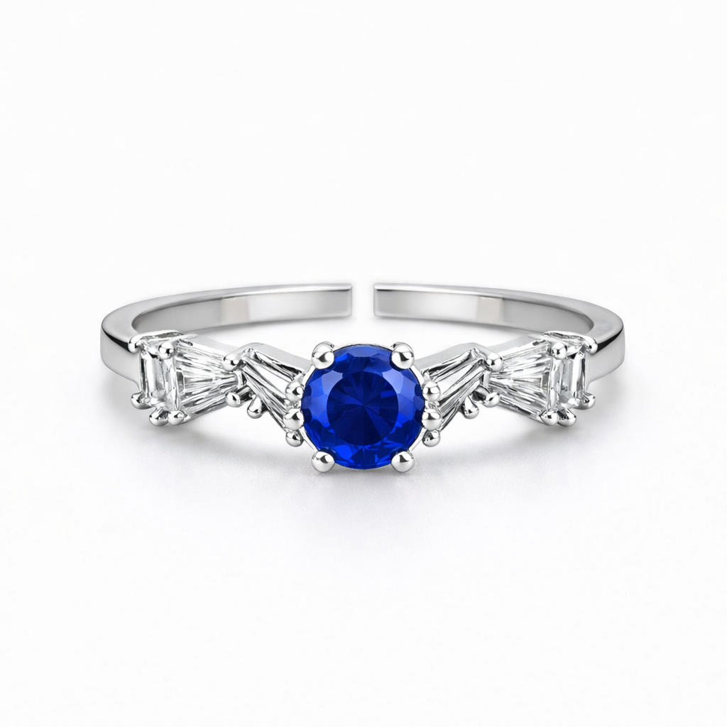 Front view of blue stone ring style with silver-tone adjustable band