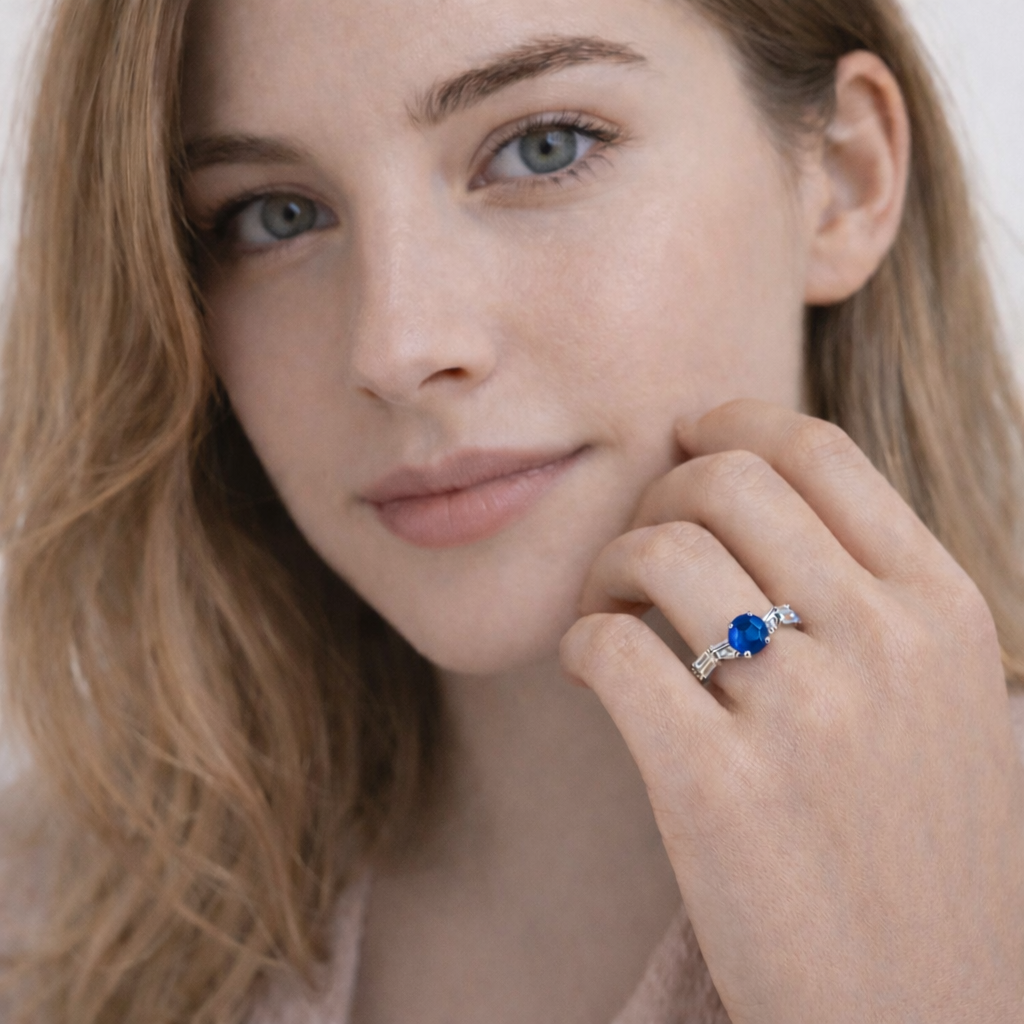 Femme Ring styled as rings for women with blue stone on hand