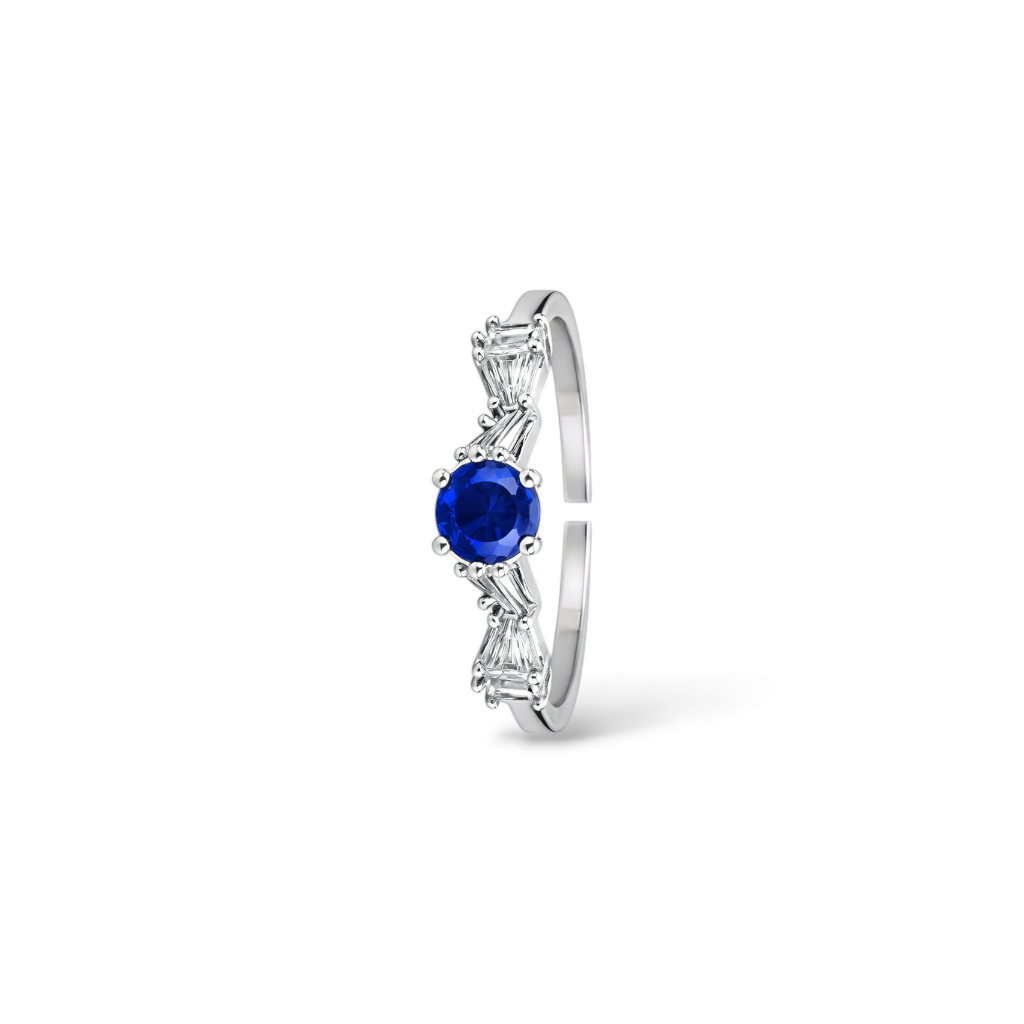 Side view of silver rings with blue stone and open adjustable shape