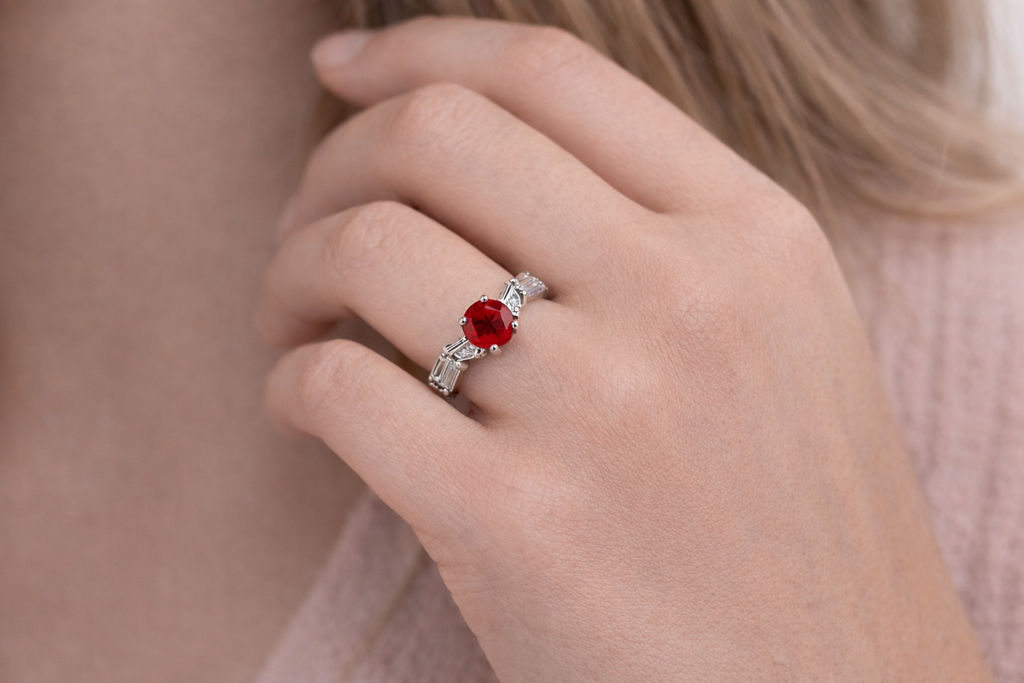 Close-up of ladies stone ring with red centre stone and side accents