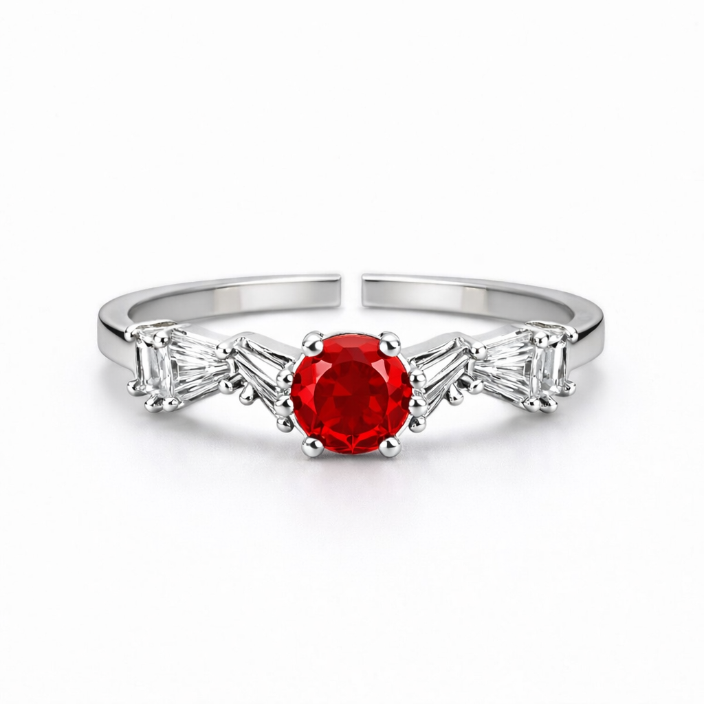 Front view of ruby stone ring style with red centre stone and silver-tone band