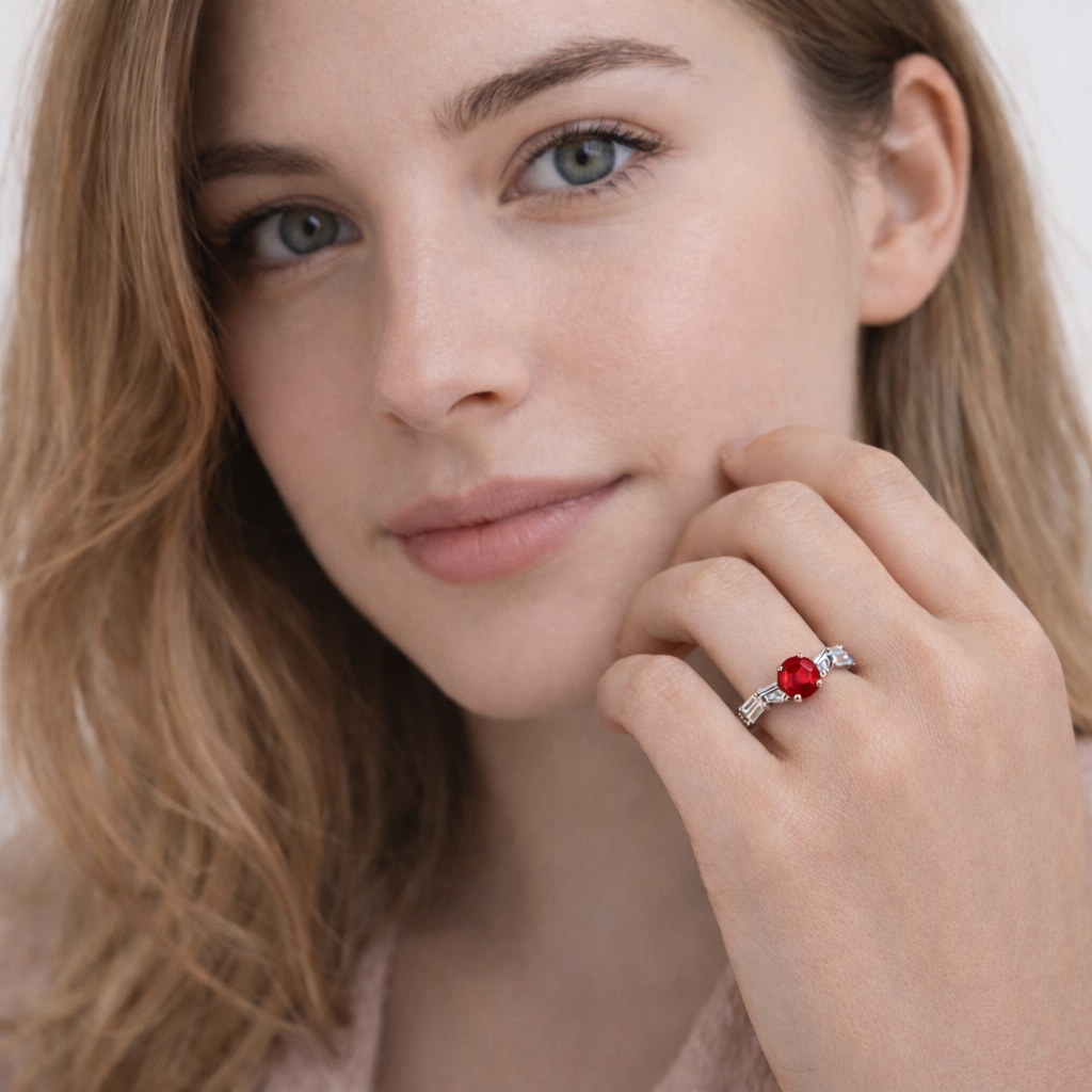 Femme Ring styled as rings for women with red stone on hand