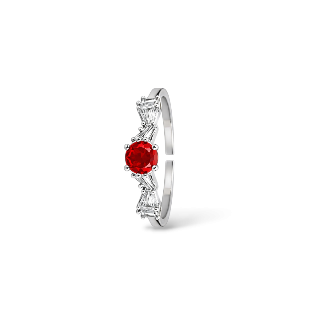 Top view of ring design for girls with red stone and open band