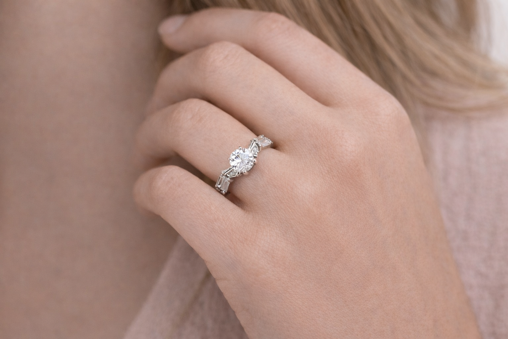 Close-up of rings for women with white stone on a silver-tone adjustable band
