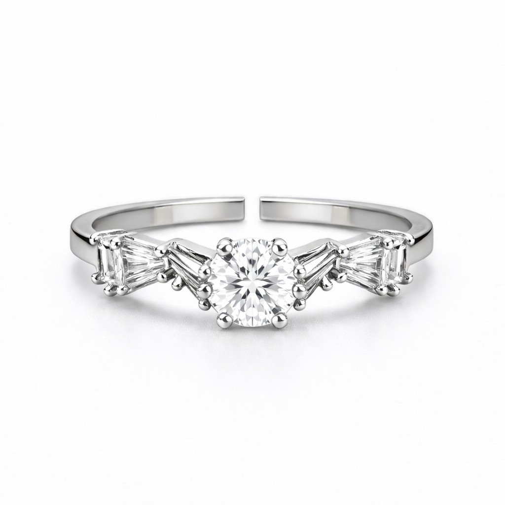 Front view of stone ring with white centre stone and side accents