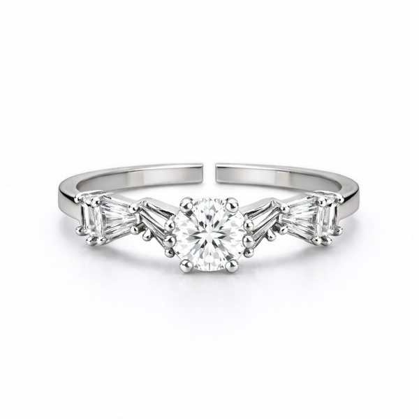 Front view of stone ring with white centre stone and side accents