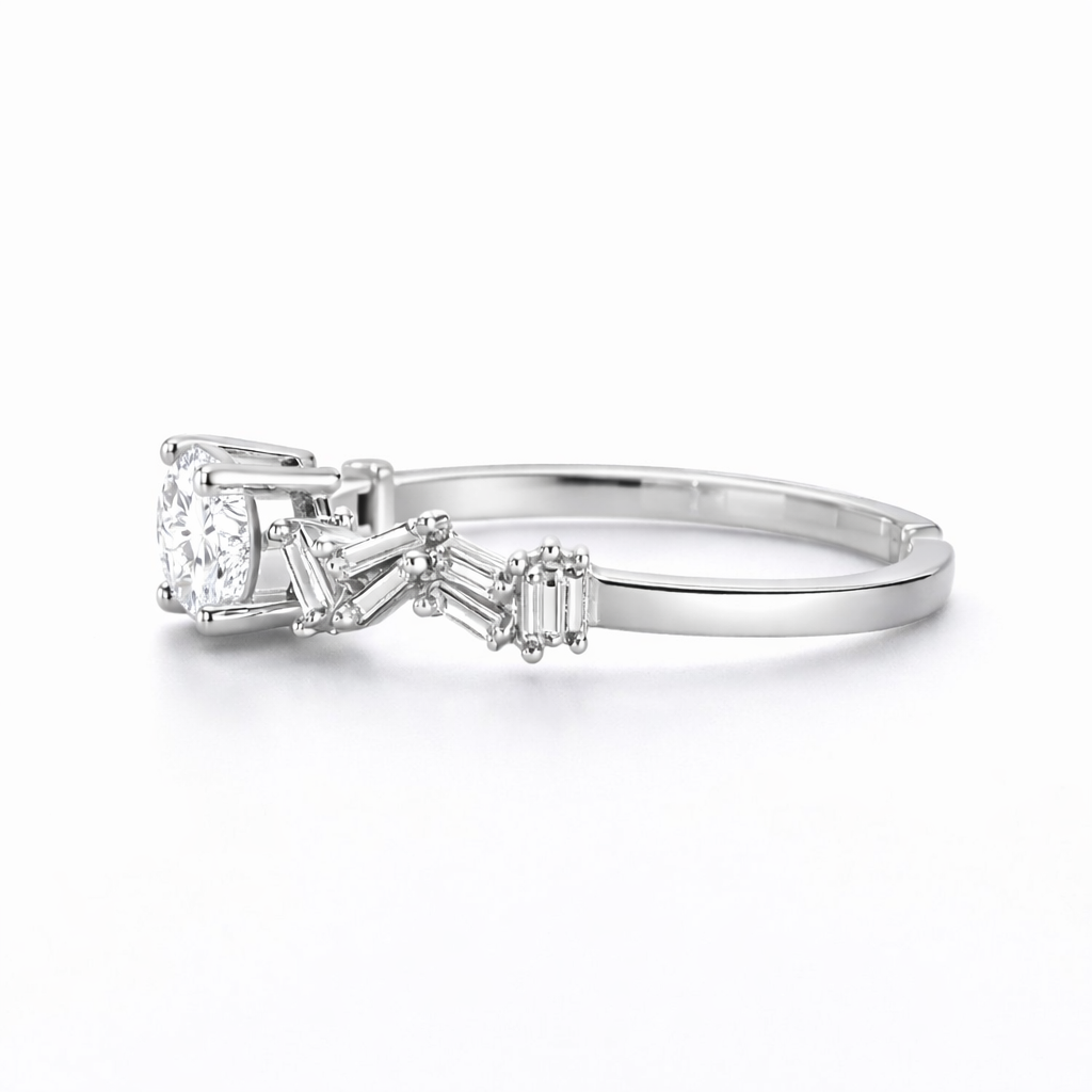 Angled view of ring design for women with white stone and silver-tone finish