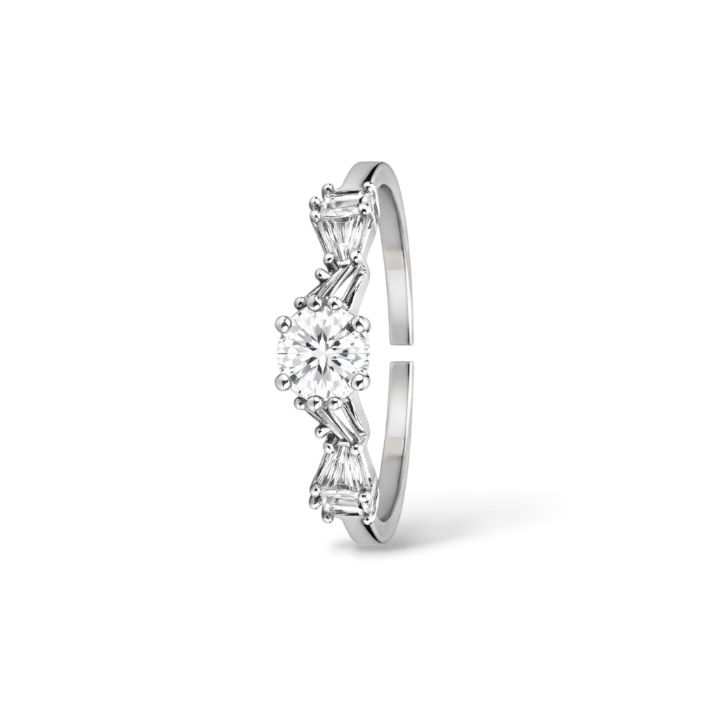 Side view of artificial rings with open adjustable band and white stone
