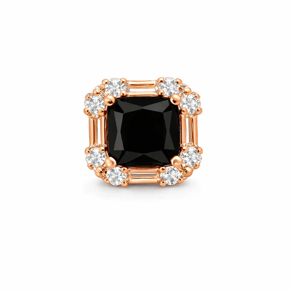 Front view of black stud earrings for women with gold-tone frame