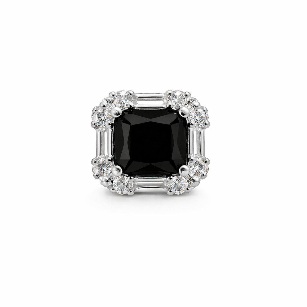 Front view of black stud earrings for women with square stone setting
