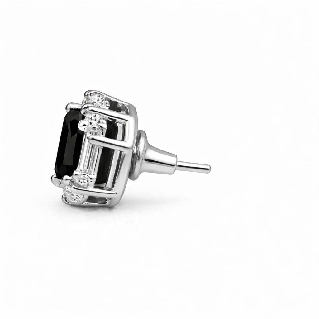 Side view of black square stone stud earrings for women