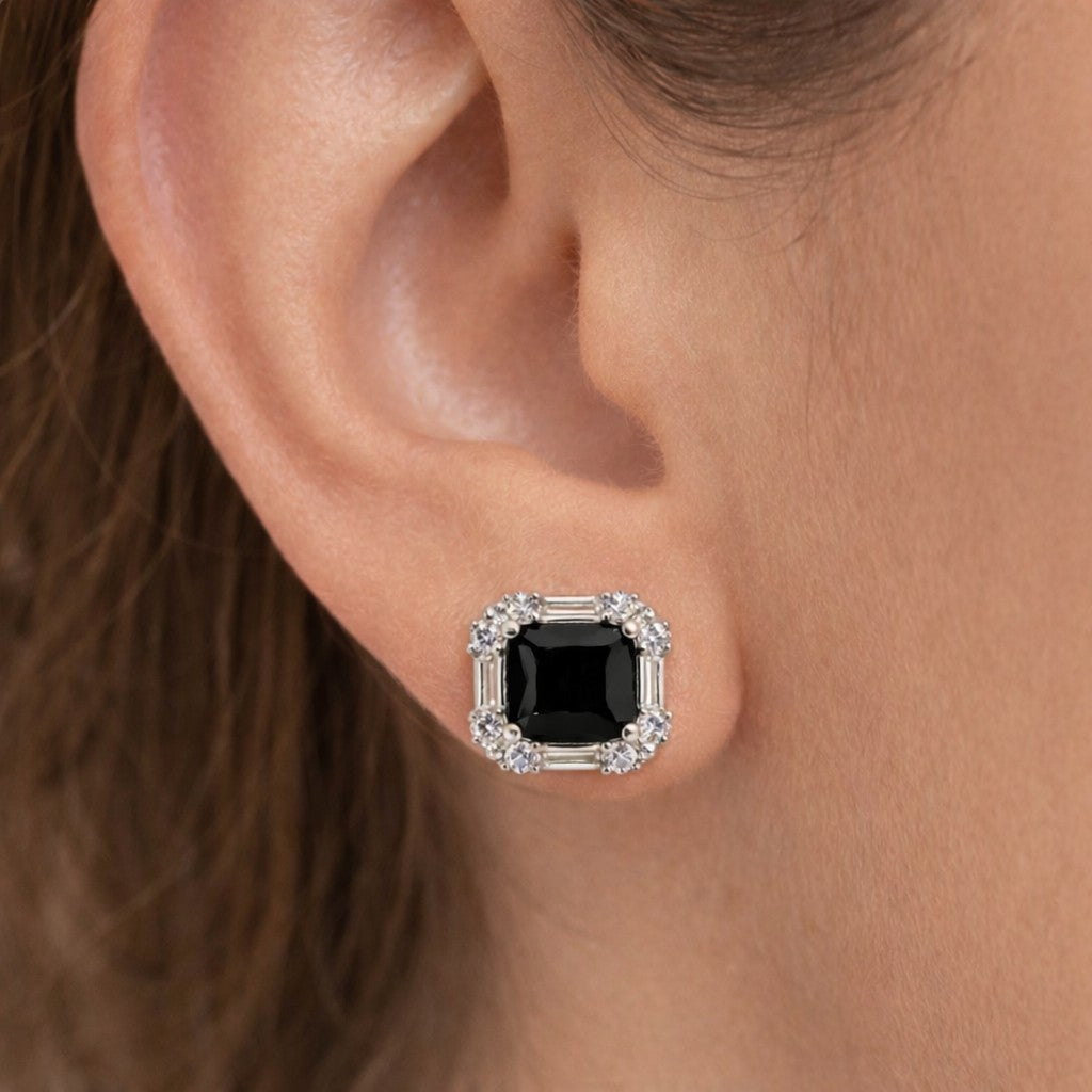 Close-up of black square stud earrings for women from the Grace Earrings range