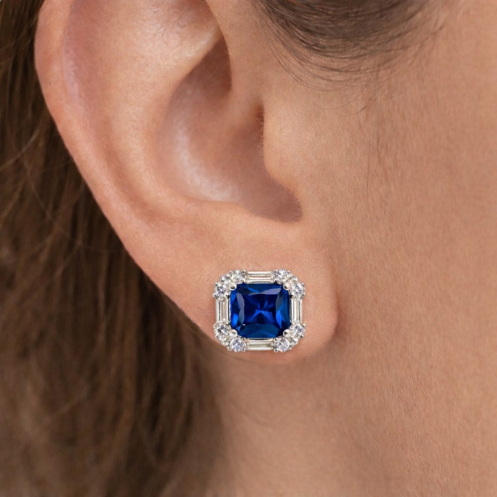 Close-up of blue square earrings for women
