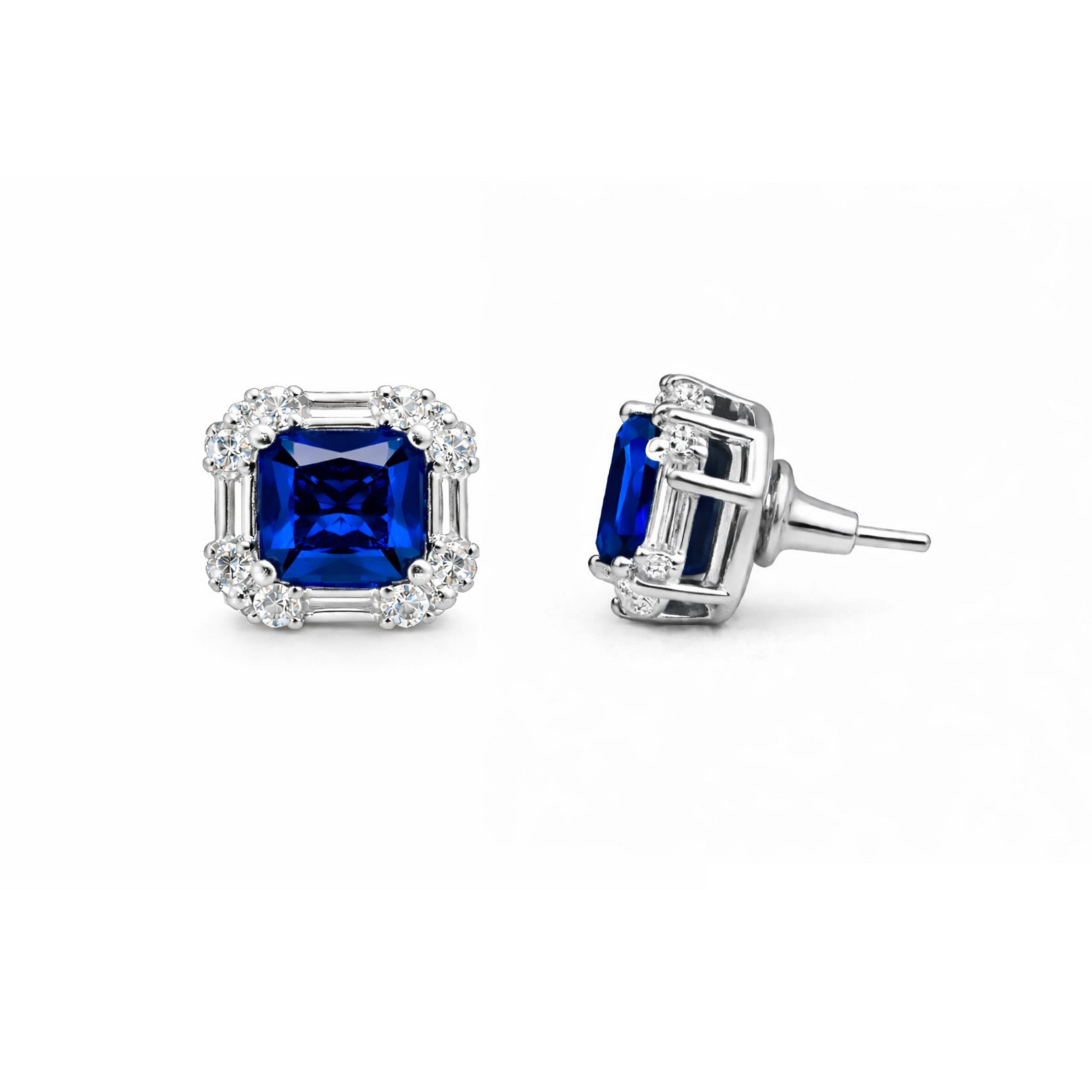 Pair of blue stud earrings for women on white background