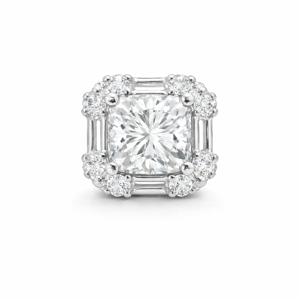 Front view of clear silver earrings for women with square stone setting