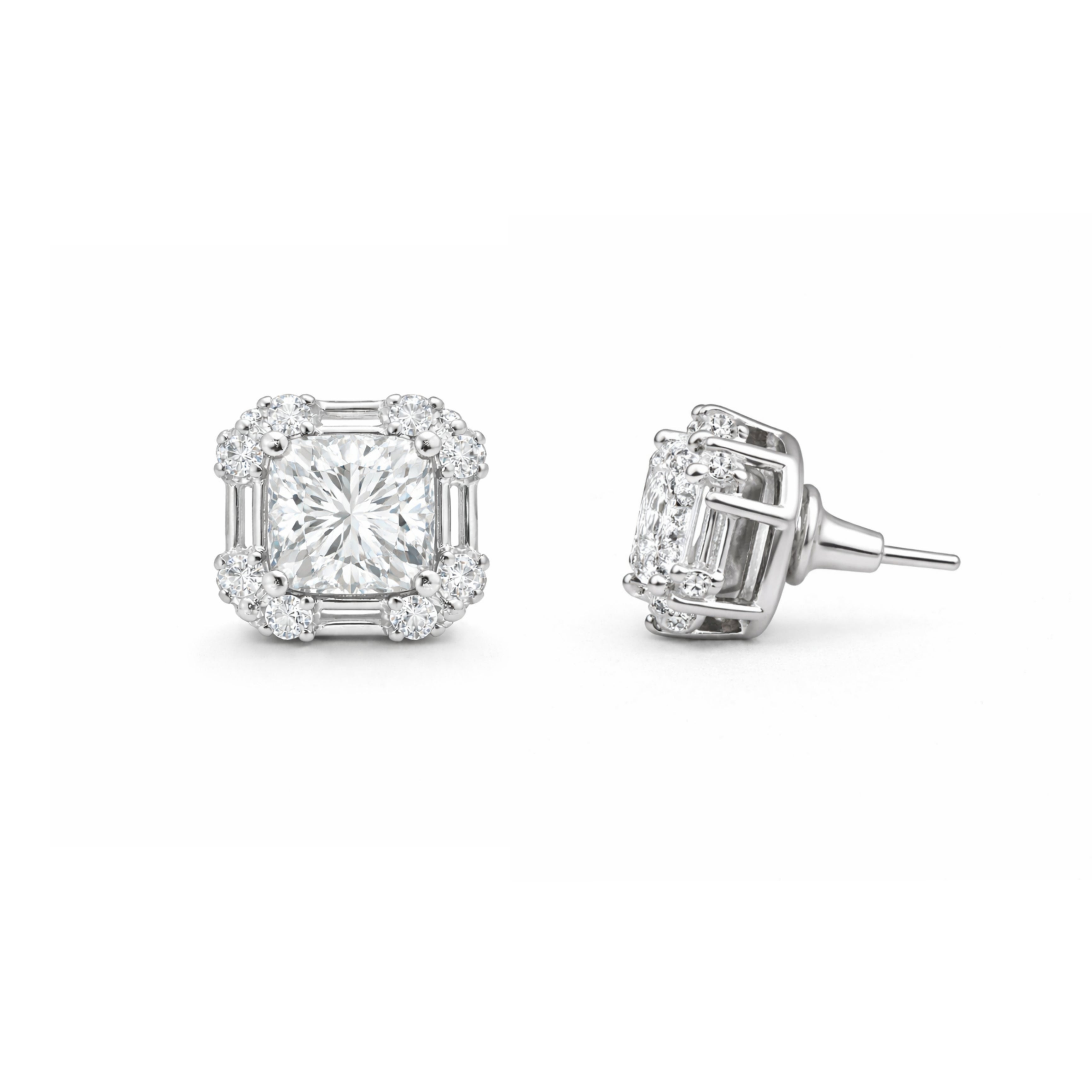 Pair of clear small earrings for women on white background