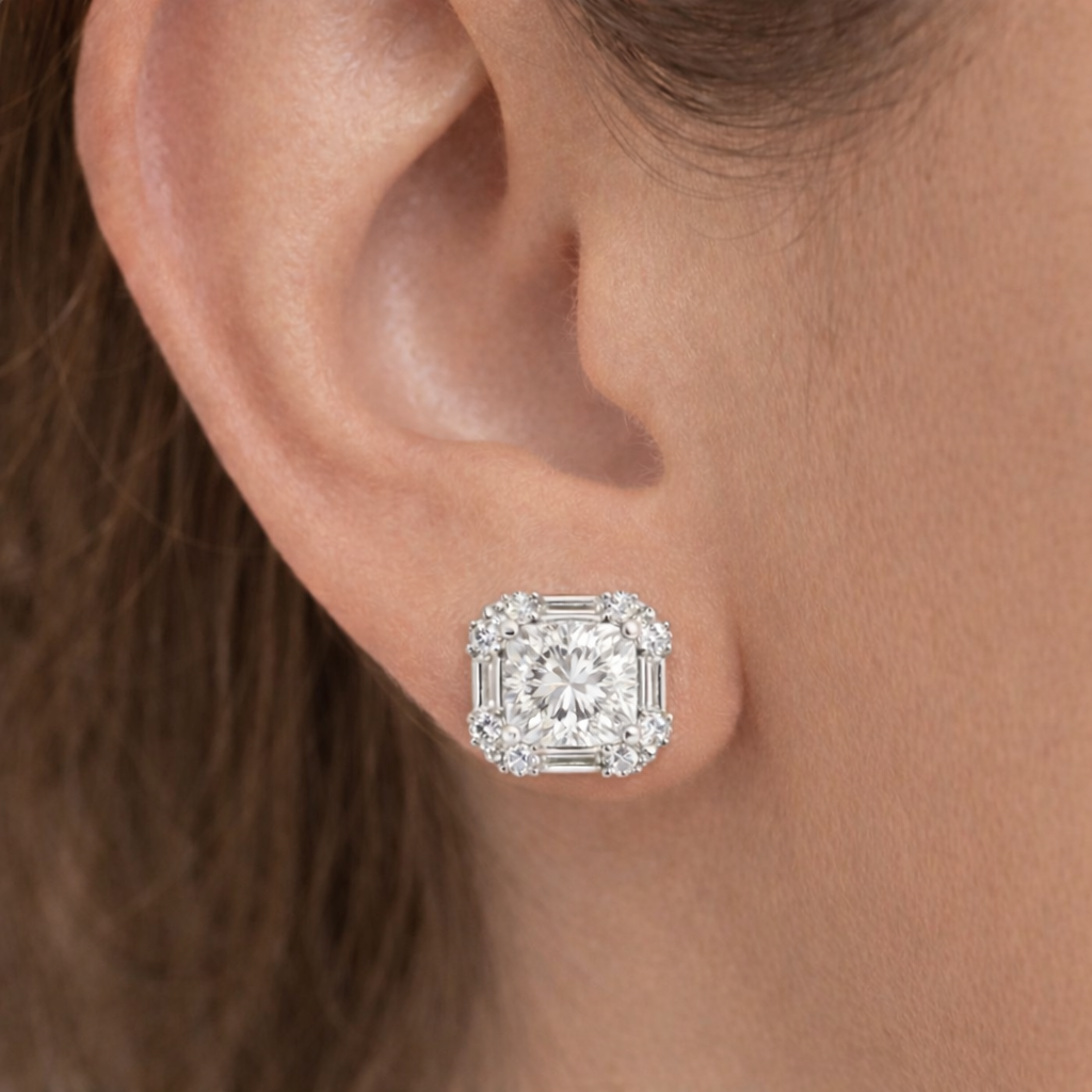 Close-up of clear square stud earrings for women