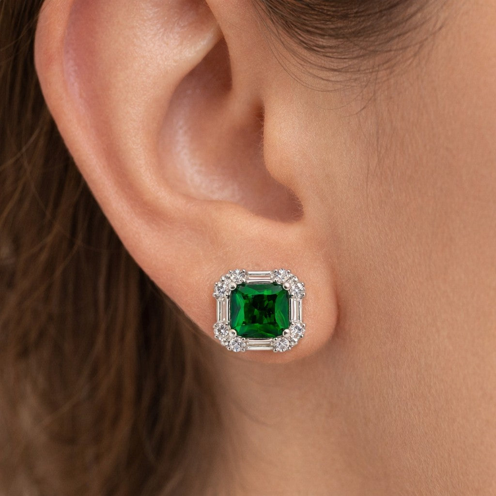 Close-up of green square stud earrings for women