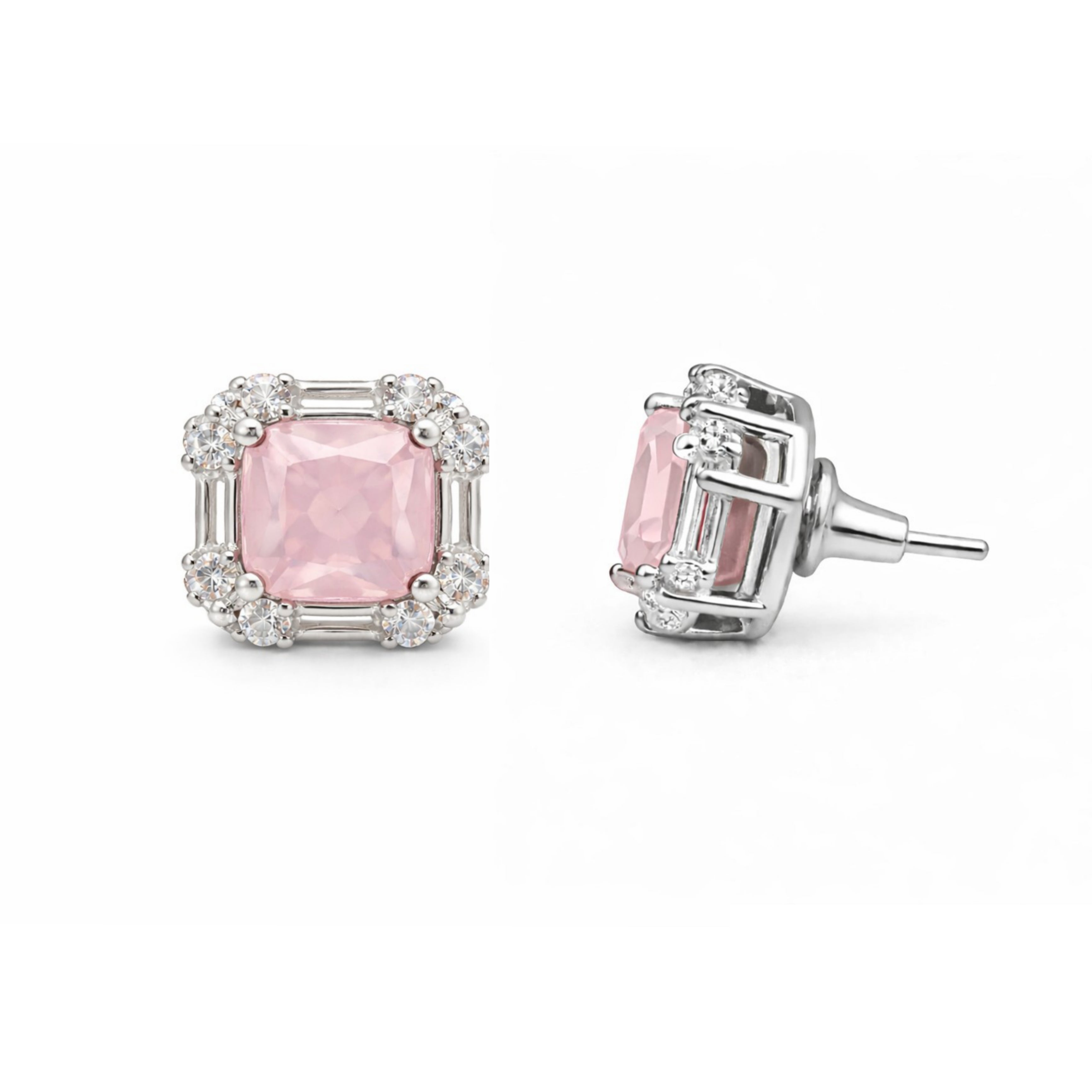 Pair of pink stud earrings for women on white background