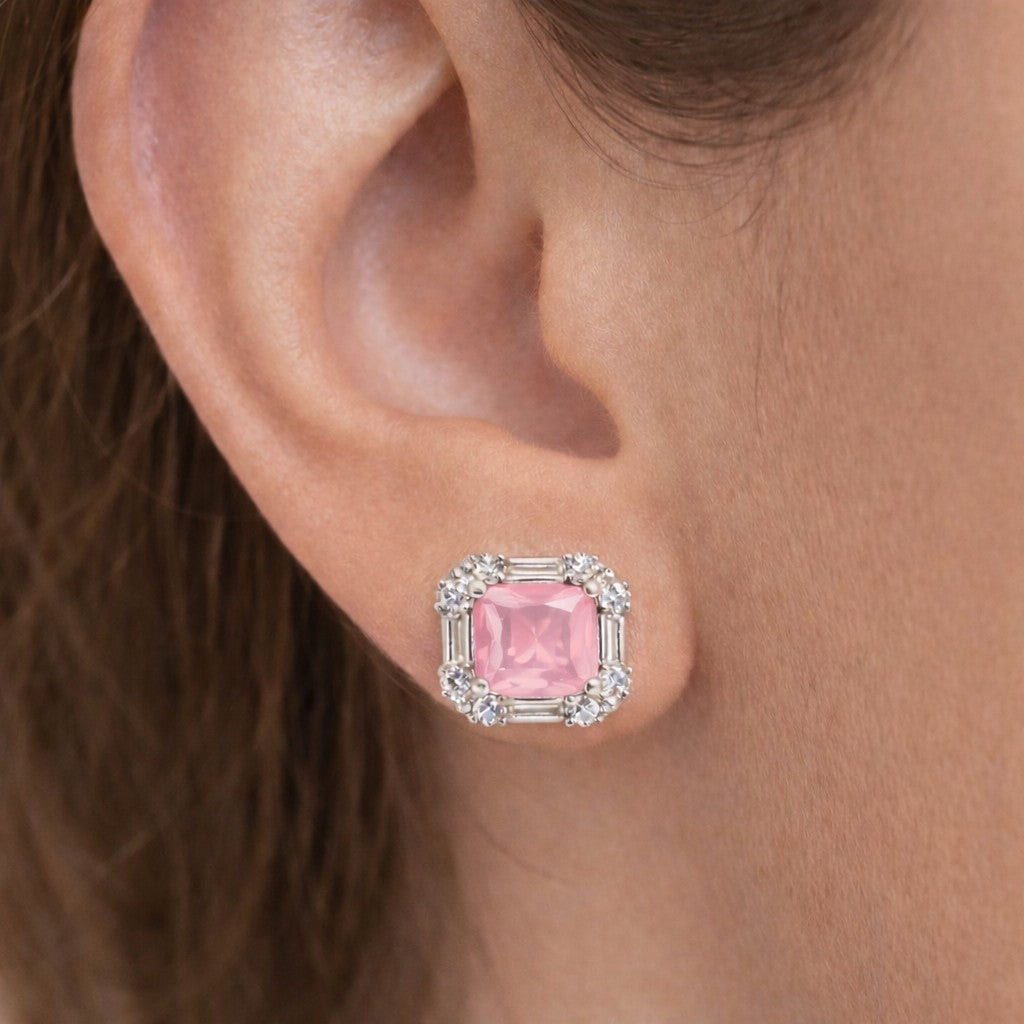 Close-up of pink square earrings for women
