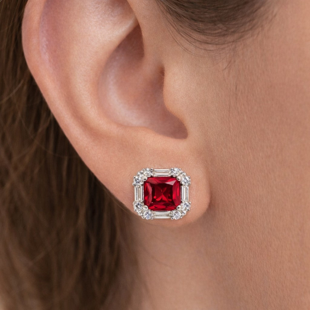 Close-up of red square stud earrings for women