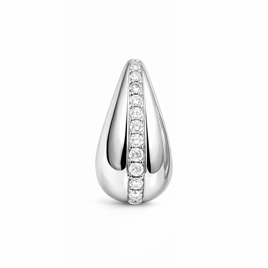Silver teardrop-shaped pendant with embedded stones on a white background