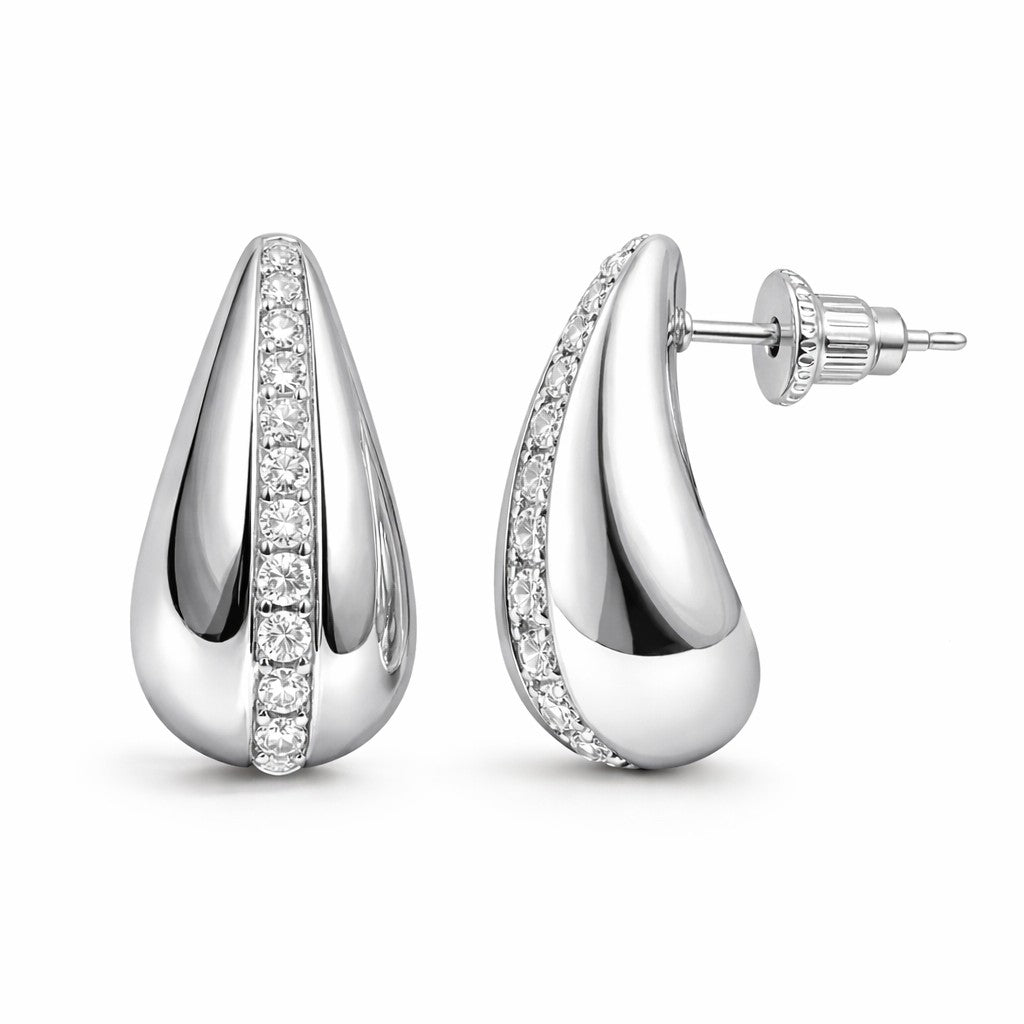Silver hoop earrings with embedded stones on a white background