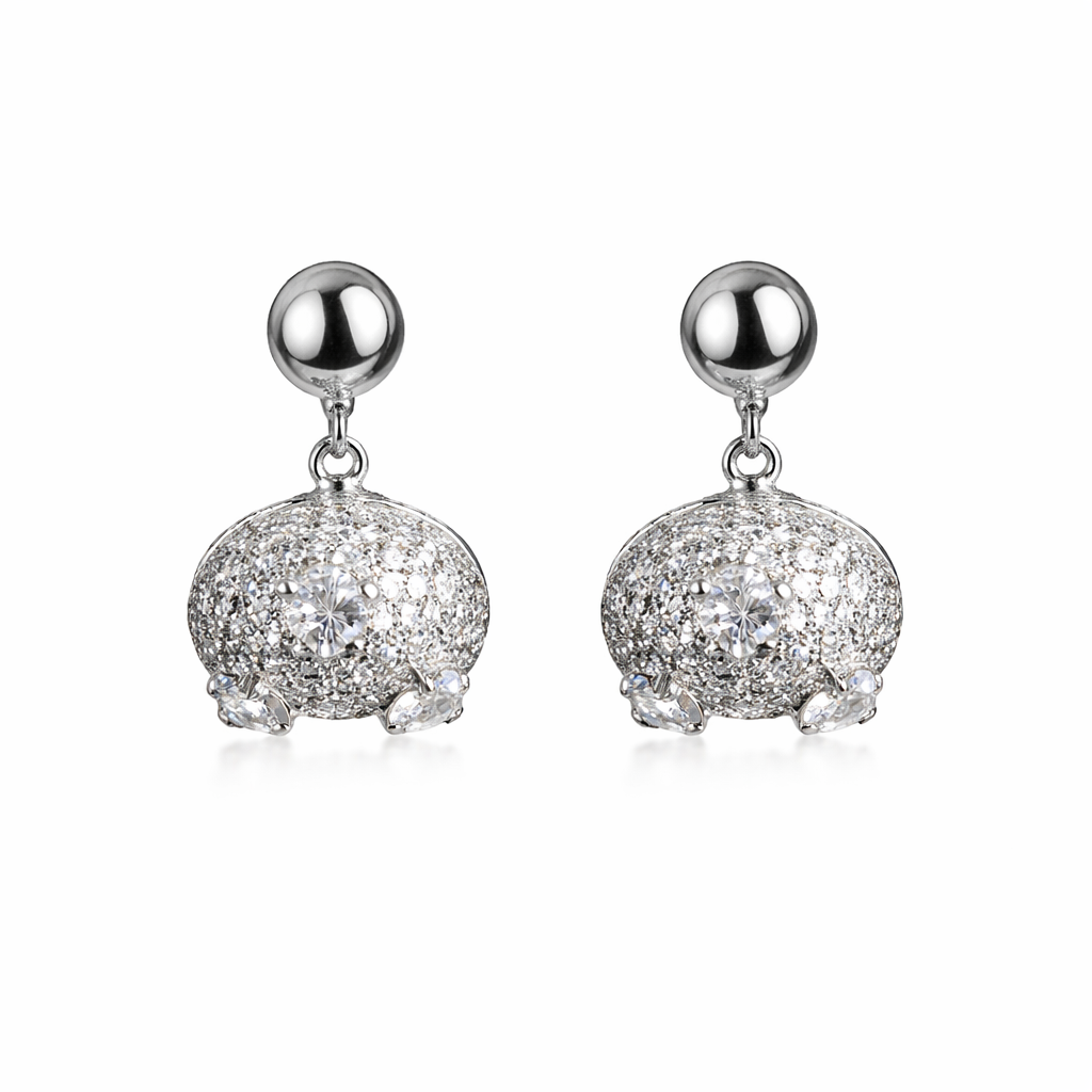 Pair of silver earrings with clear gemstones on a white background