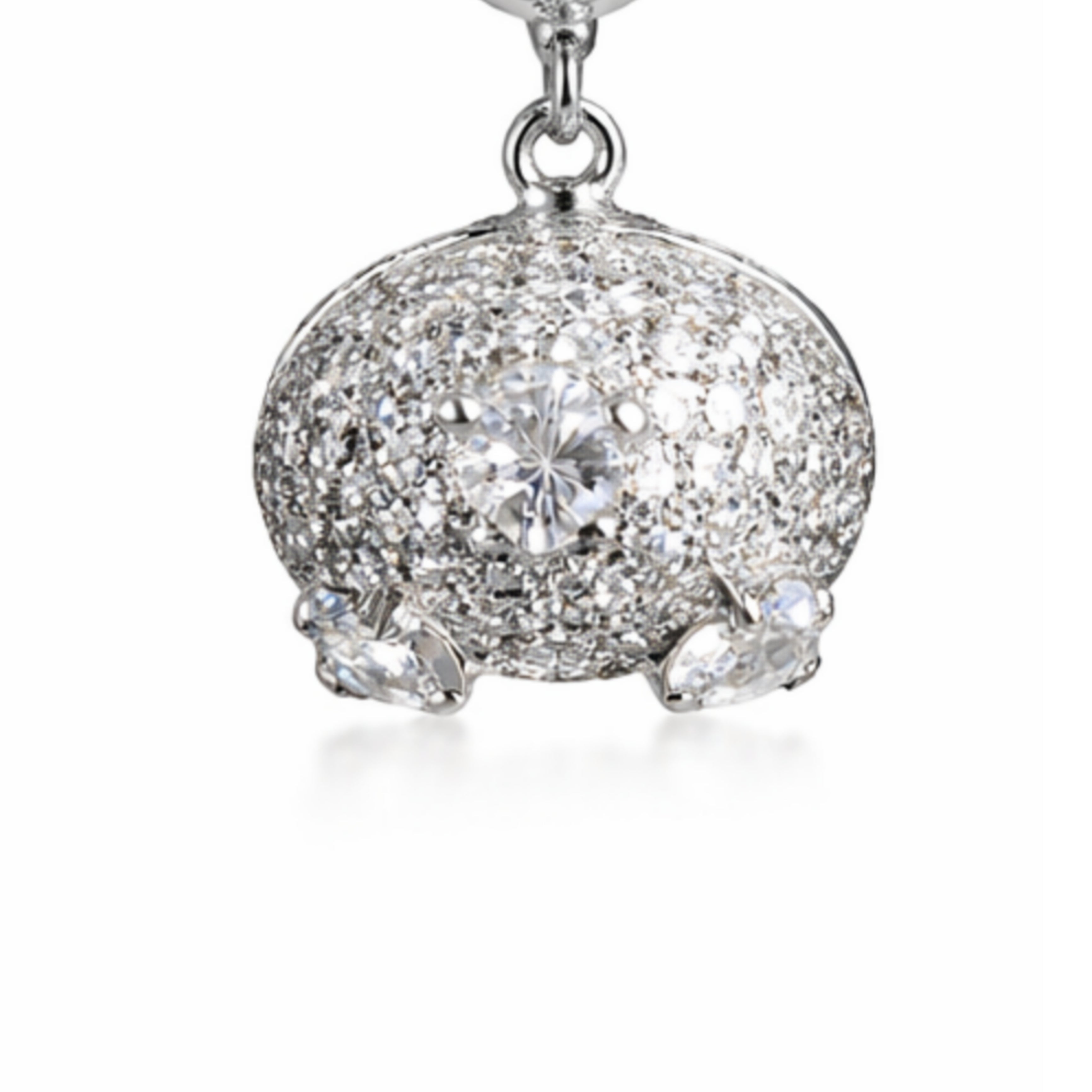 Silver earring with clear gemstones on a white background